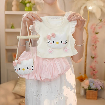 お洒落可愛い!ハローキティ猫モチーフTシャツかぼちゃパンツセット