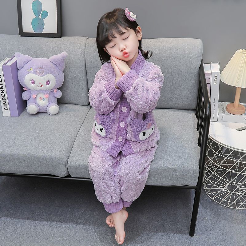 儿童法兰绒睡衣秋冬加厚女童库洛米珊瑚绒家居服宝宝冬季保暖套装