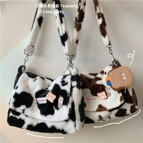モコモコ牛柄ショルダーバッグ｜原宿系かわいい大容量メッセンジャー