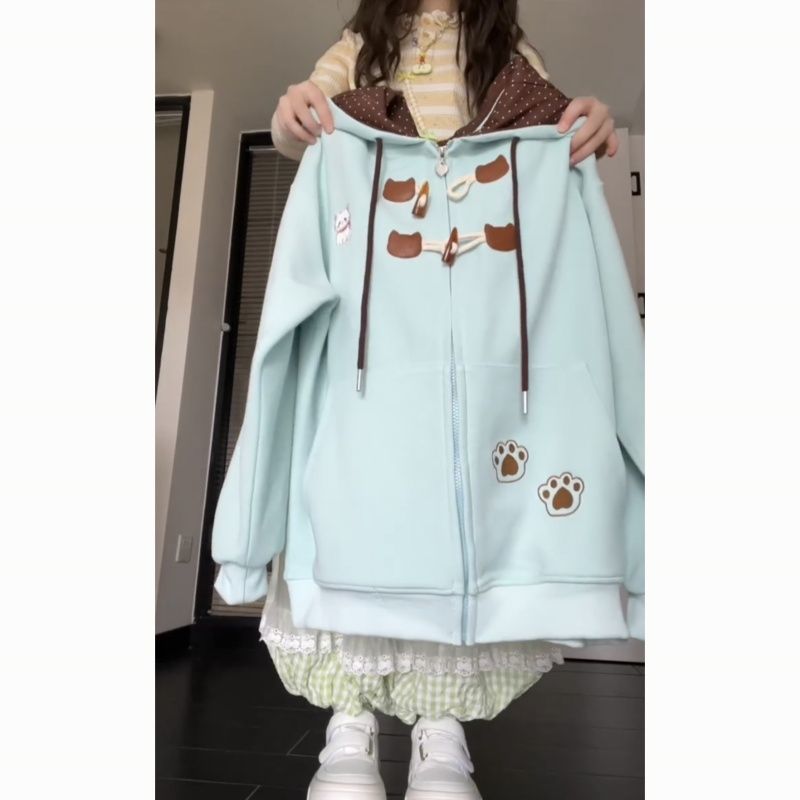 地雷系猫肉球刺繍裏起毛オーバーサイズパーカーかわいいスクール風