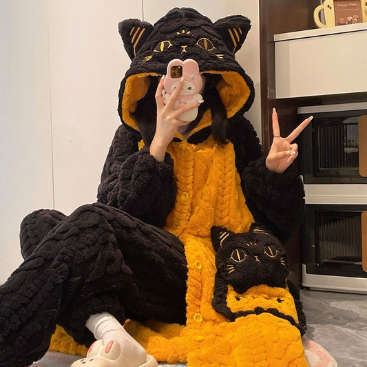 とろける触感かぼちゃネコ柄ふわもこガウン可愛いルームウェア・パジャマ