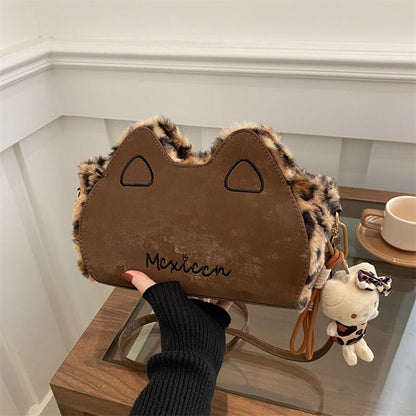 Fluffy shoulder bag with leopard ears | Cute irregular-shaped bag for autumn and winter 