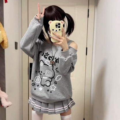 Jirai Kei Kitty Off-Shoulder Long-Sleeve Sweatshirt
