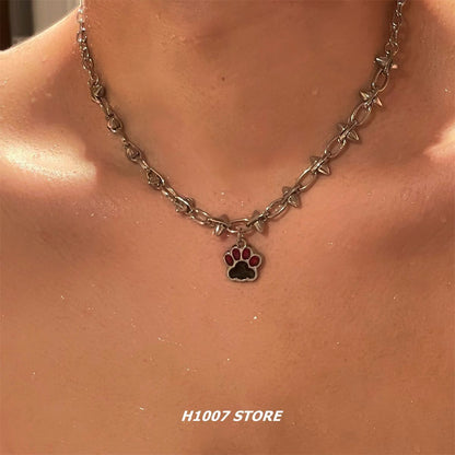 Cat Paw Studded Necklace - J-Fashion, Punk, Y2K Accessory, Choker