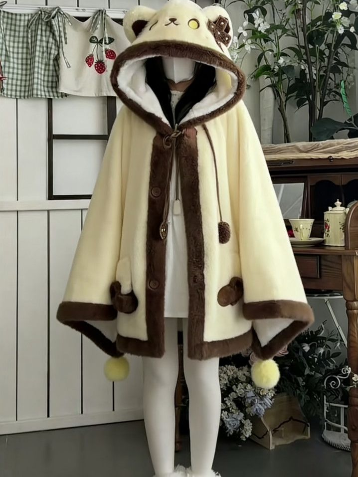 天使子猫甘々刺繍裏起毛フード付きケープルームウェア秋冬萌え系防寒パジャマ