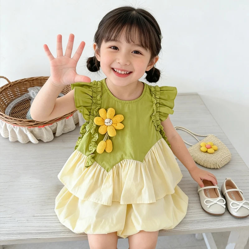 お洒落可愛いひまわり柄ベビー服セットアップパフスリーブ半袖