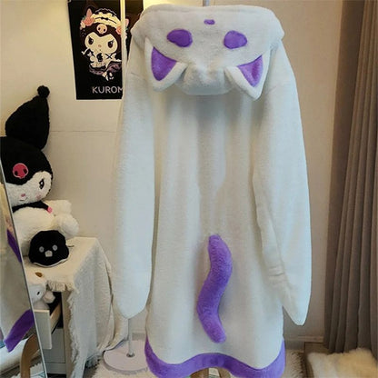 ゴーストキャット着ぐるみローブ｜しっぽ付きふわもこ連帽パジャマ