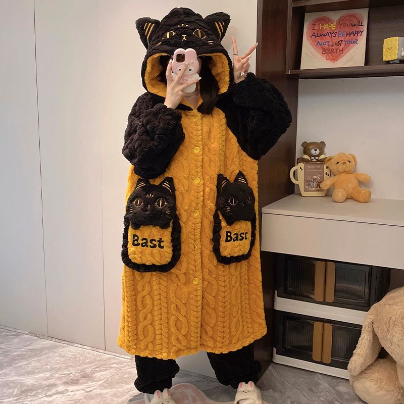 とろける触感かぼちゃネコ柄ふわもこガウン可愛いルームウェア・パジャマ