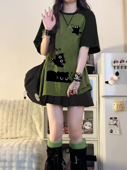アメカジ綿100%黒猫ラグランTシャツオーバーサイズ