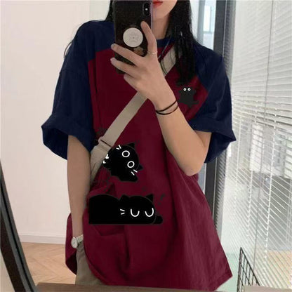 アメカジ綿100%黒猫ラグランTシャツオーバーサイズ