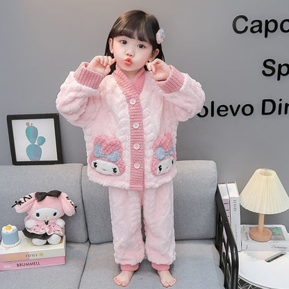 儿童法兰绒睡衣秋冬加厚女童库洛米珊瑚绒家居服宝宝冬季保暖套装