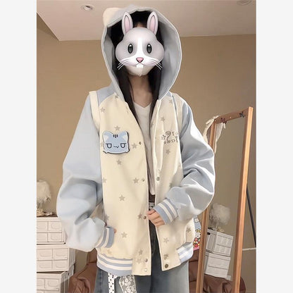 可愛い猫耳フード付きスタジャン裏起毛パーカー厚手