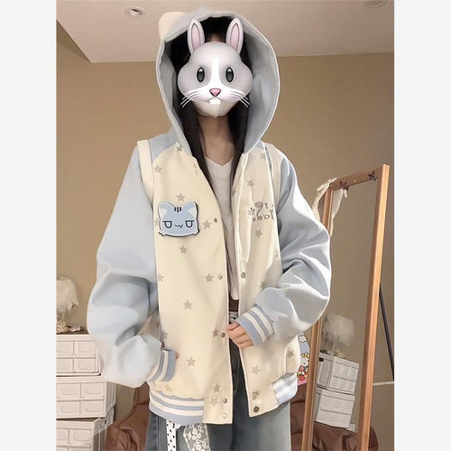 可愛い猫耳フード付きスタジャン裏起毛パーカー厚手
