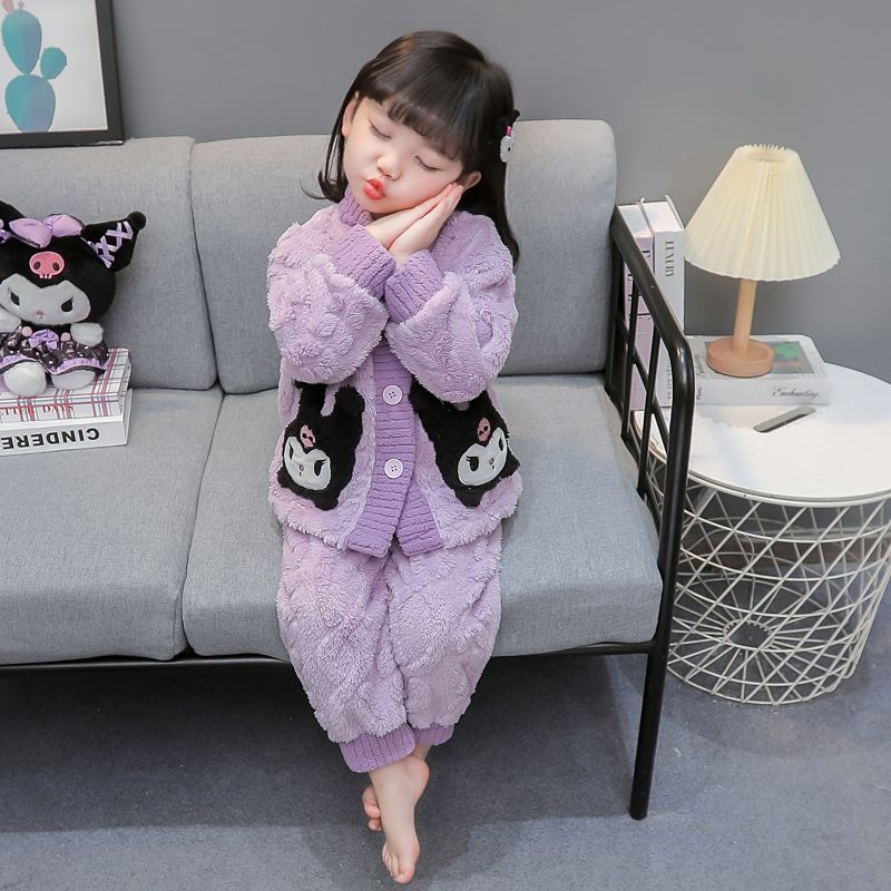 儿童法兰绒睡衣秋冬加厚女童库洛米珊瑚绒家居服宝宝冬季保暖套装