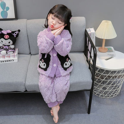儿童法兰绒睡衣秋冬加厚女童库洛米珊瑚绒家居服宝宝冬季保暖套装