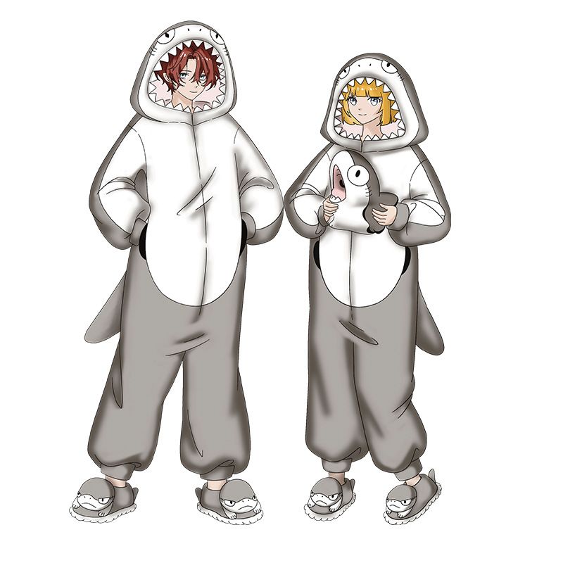 サメ＆ネコ変身のおもしろ連体パジャマ/ペアルックのあったか連体ルームウェア