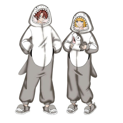 サメ＆ネコ変身のおもしろ連体パジャマ/ペアルックのあったか連体ルームウェア