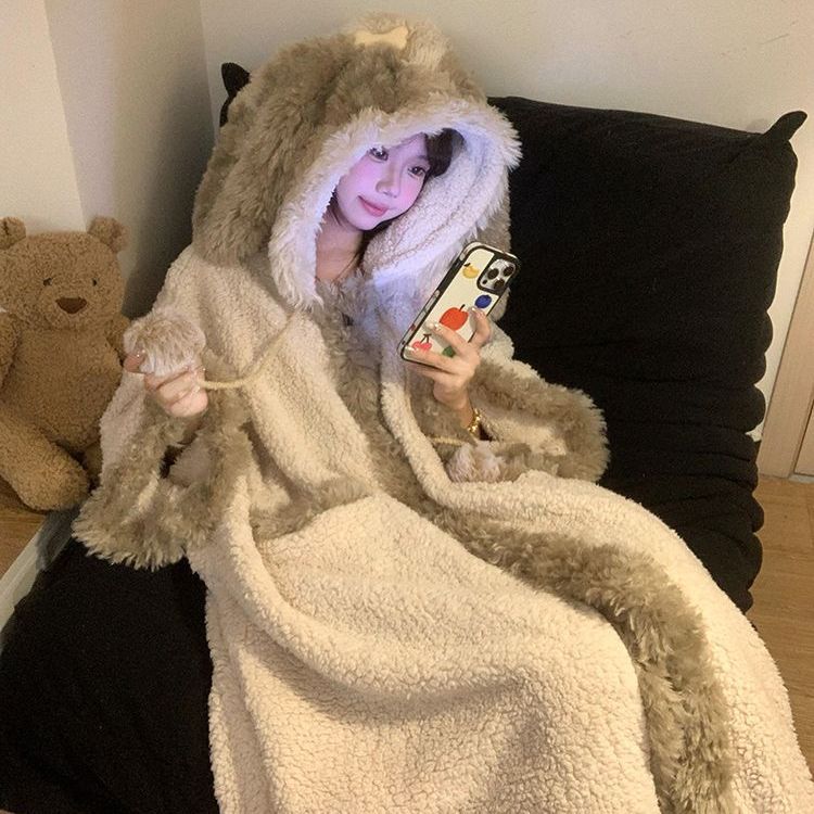 キュートな子犬耳付きフードモコモコ冬用ルームウェアパジャマレディース珊瑚フリース暖かガウン可外着セット