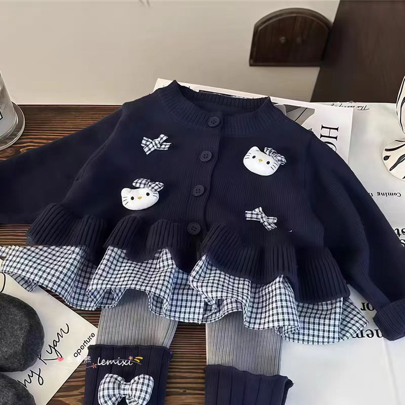 リボン付きかわいいキッズニットカーディガン女の子春新作