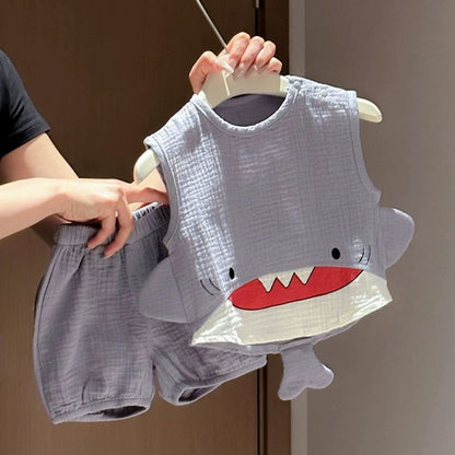 【超萌え】サメ柄ベビー夏用ガーゼセットアップ無袖上下セット
