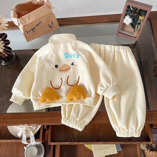 可愛いアヒル立体公仔子供服上下セット春秋男女兼用