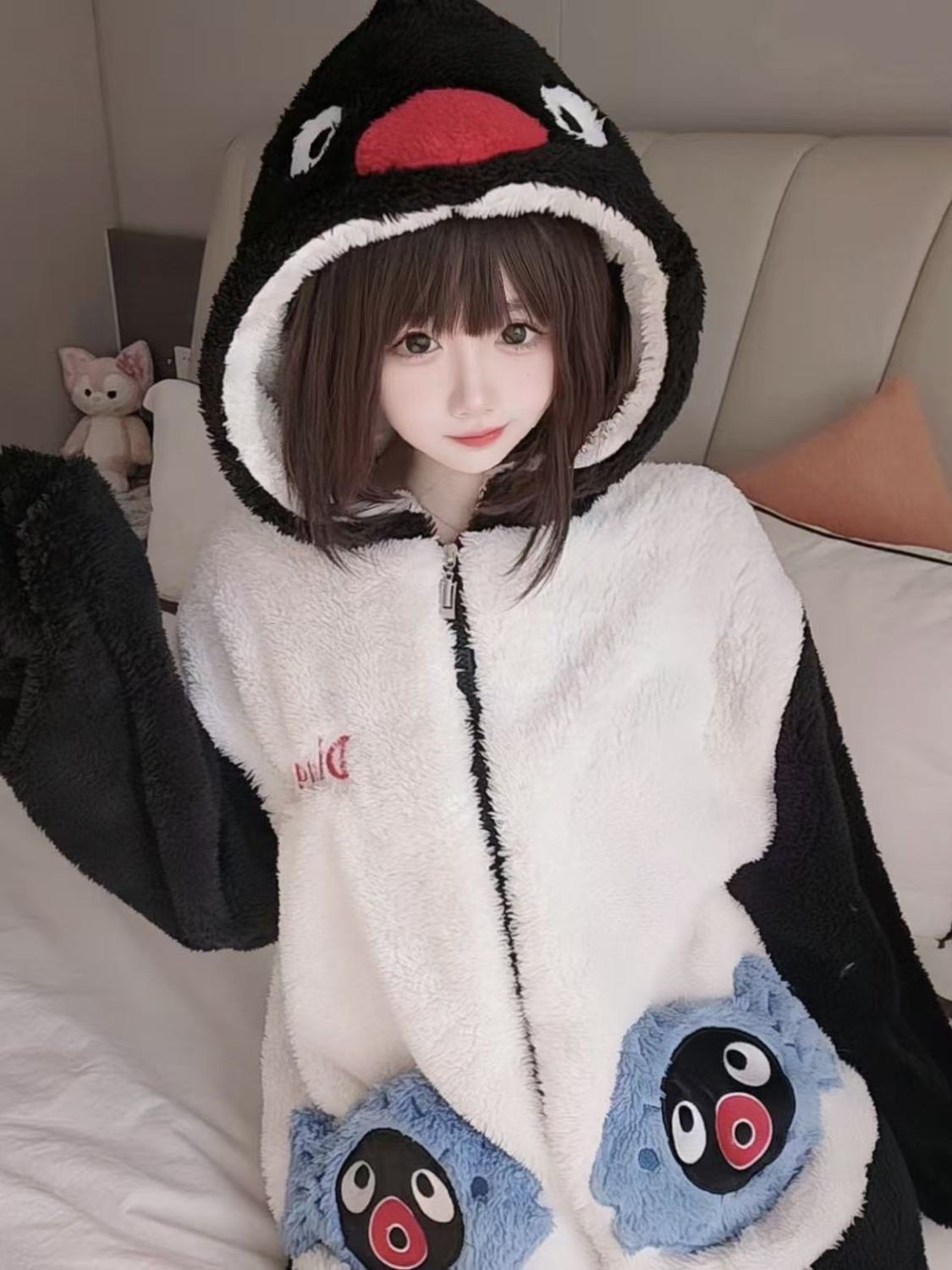 ピングーペンギンもこもこ冬用厚手フード付きパジャマセット