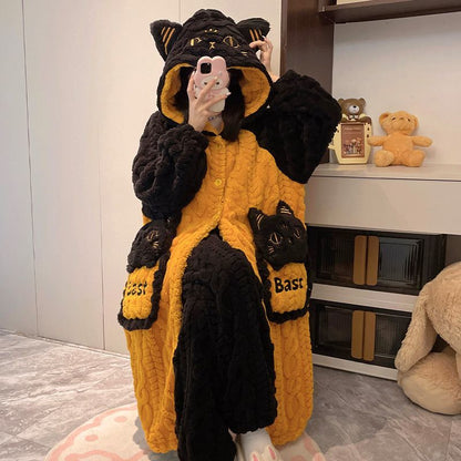 とろける触感かぼちゃネコ柄ふわもこガウン可愛いルームウェア・パジャマ