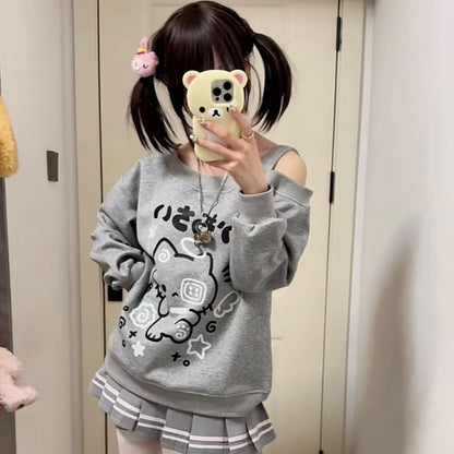 Jirai Kei Kitty Off-Shoulder Long-Sleeve Sweatshirt
