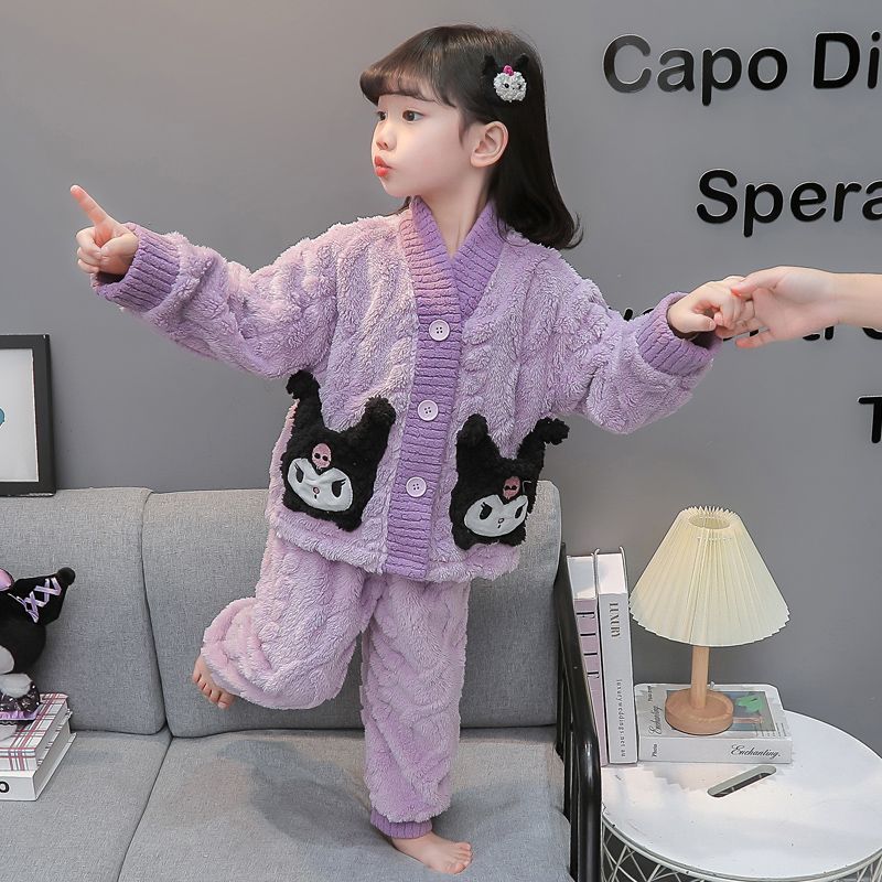 儿童法兰绒睡衣秋冬加厚女童库洛米珊瑚绒家居服宝宝冬季保暖套装