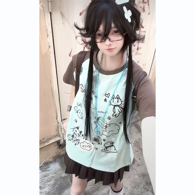 2025新作大人可愛い配色切替半袖Tシャツゆったりトップス