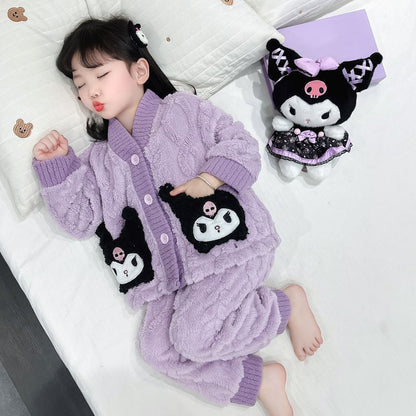 儿童法兰绒睡衣秋冬加厚女童库洛米珊瑚绒家居服宝宝冬季保暖套装
