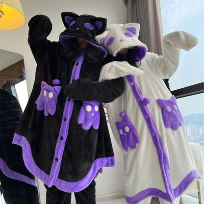 ゴーストキャット着ぐるみローブ｜しっぽ付きふわもこ連帽パジャマ