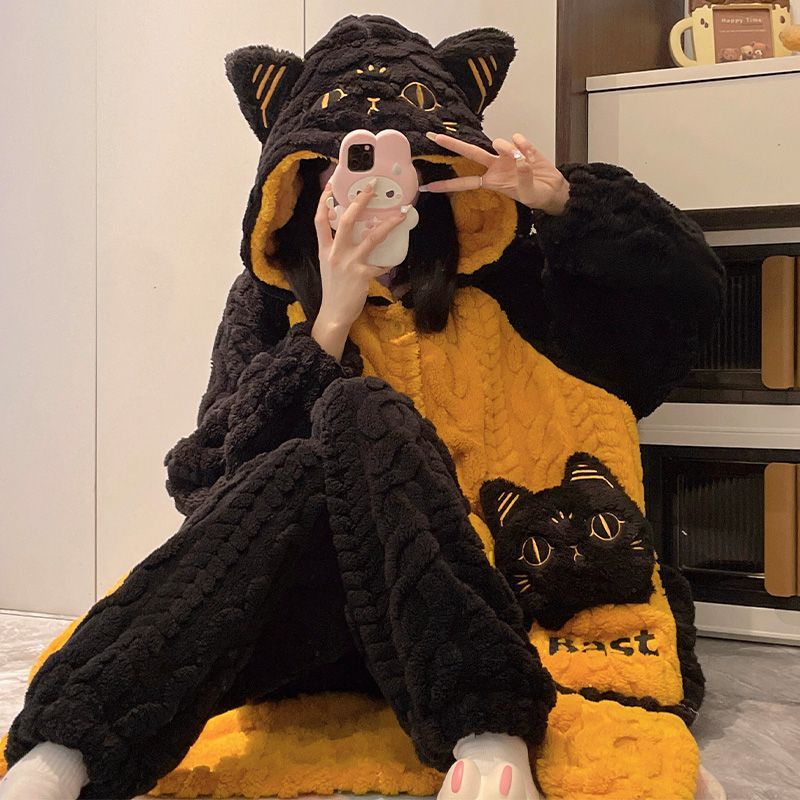 とろける触感かぼちゃネコ柄ふわもこガウン可愛いルームウェア・パジャマ