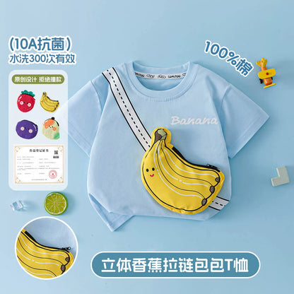 かわいい立体バッグ付子供綿100%半袖Tシャツフルーツ柄抗菌