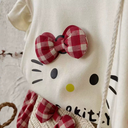 女児ハローキティ猫柄Tシャツ赤チェックキュロットセットアップ夏服