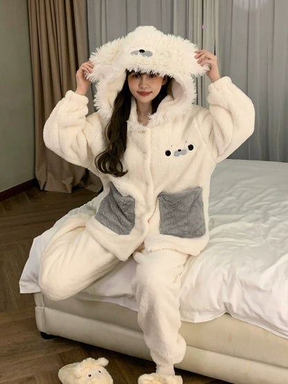可愛いアザラシペアパジャマ厚手サンゴフリースルームウェアセット秋冬