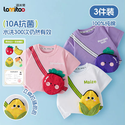 かわいい立体バッグ付子供綿100%半袖Tシャツフルーツ柄抗菌