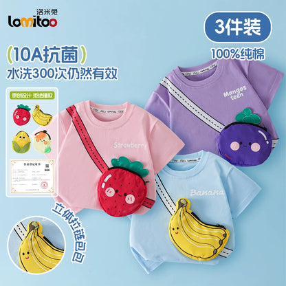 かわいい立体バッグ付子供綿100%半袖Tシャツフルーツ柄抗菌