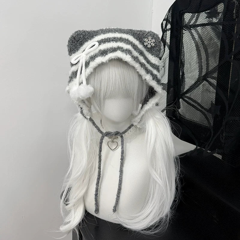 猫耳ニット帽小顔効果抜群防寒可愛万能ストライプビーニー