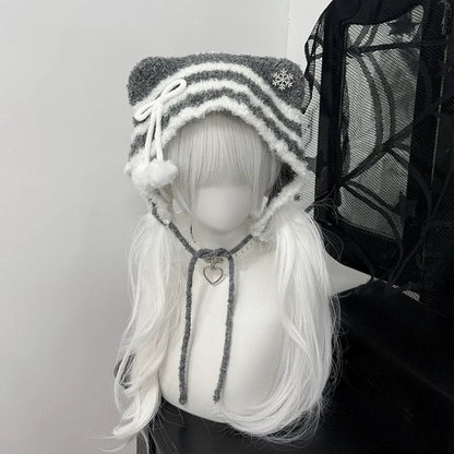 猫耳ニット帽小顔効果抜群防寒可愛万能ストライプビーニー