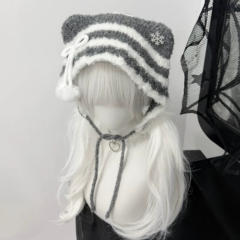 猫耳ニット帽小顔効果抜群防寒可愛万能ストライプビーニー