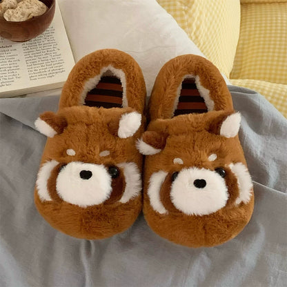 ふわふわアライグマカップル冬用室内スリッパ防滑保温モコモコホームシューズ
