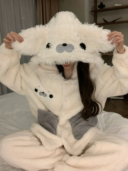 可愛いアザラシペアパジャマ厚手サンゴフリースルームウェアセット秋冬