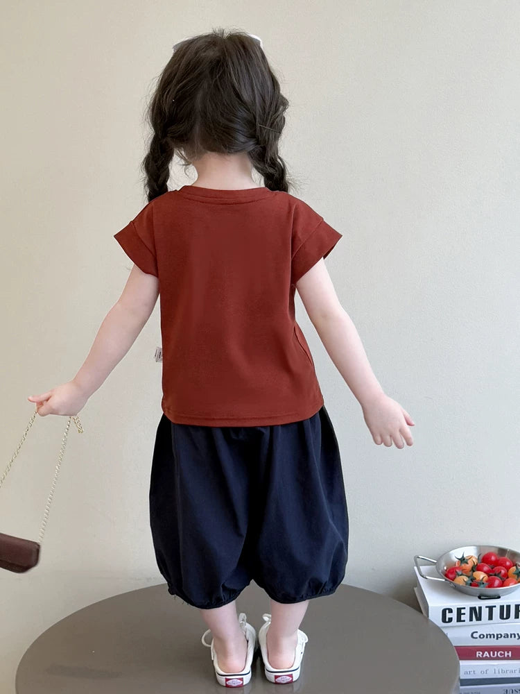 お洒落な女児半袖Tシャツ七分丈セットアップ
