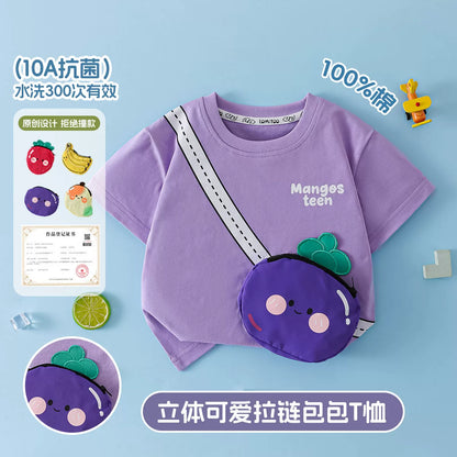 かわいい立体バッグ付子供綿100%半袖Tシャツフルーツ柄抗菌