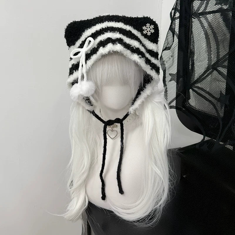 猫耳ニット帽小顔効果抜群防寒可愛万能ストライプビーニー