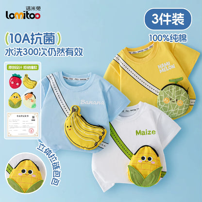 かわいい立体バッグ付子供綿100%半袖Tシャツフルーツ柄抗菌