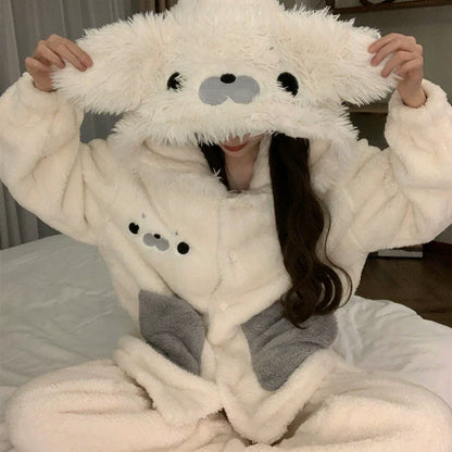 可愛いアザラシペアパジャマ厚手サンゴフリースルームウェアセット秋冬