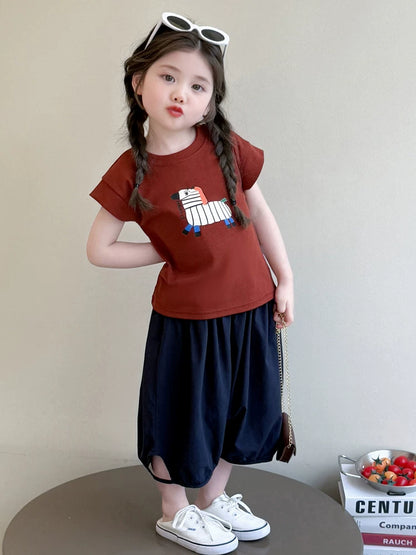 お洒落な女児半袖Tシャツ七分丈セットアップ