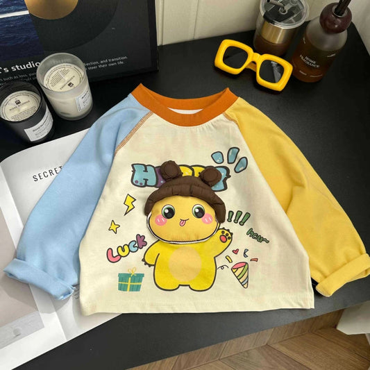 韓国風キッズ長袖Tシャツ立体キャラ配色トップス